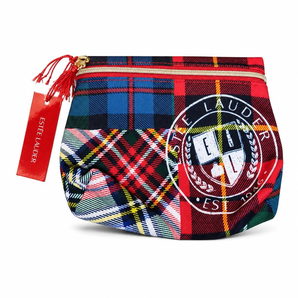 Estee Lauder Patchwork Tartan Plaid Cosmetic Makeup Bag NWT